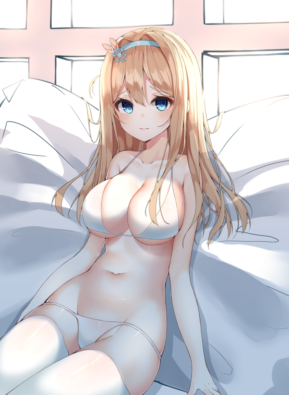 1girl bare_arms bare_shoulders bikini blonde_hair blue_eyes blush breasts bunny_hair_ornament cleavage closed_mouth collarbone girls_frontline groin hair_ornament hairband highres inhoya2000 large_breasts long_hair looking_at_viewer navel sitting snowflake_hair_ornament solo stomach suomi_kp31_(girls_frontline) swimsuit thigh-highs white_bikini white_legwear