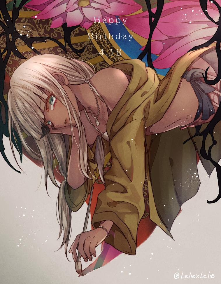 1girl bangs bikini_top blue_eyes blunt_bangs commentary_request dangan_ronpa dark_skin dated flower ganguro happy_birthday holding holding_brush jacket jewelry long_hair looking_at_viewer low_twintails necklace new_dangan_ronpa_v3 silver_hair smile solo twintails upper_body yellow_jacket yonaga_angie z-epto_(chat-noir86)