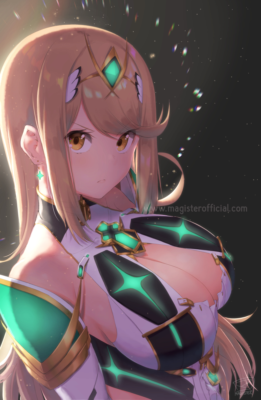 1girl arms_at_sides black_background blonde_hair bodysuit breasts brown_eyes cleavage commentary commentary_request earrings highres mythra_(xenoblade) jewelry large_breasts long_hair looking_at_viewer magister_(medical_whiskey) pout signature solo upper_body xenoblade_2:_ogon_no_kuri_ira