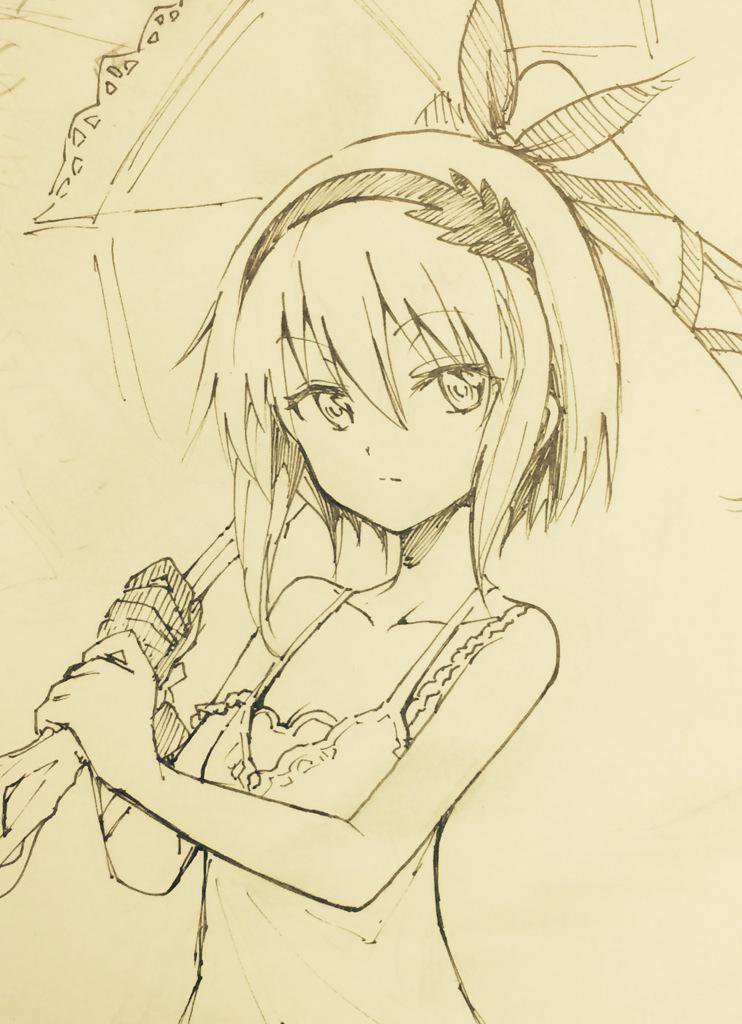 1girl aosa_(momikin) breasts cleavage closed_mouth commentary_request dress edna_(tales) gloves hair_ribbon hairband looking_at_viewer millipen_(medium) ribbon short_hair side_ponytail simple_background single_glove solo tales_of_(series) traditional_media umbrella