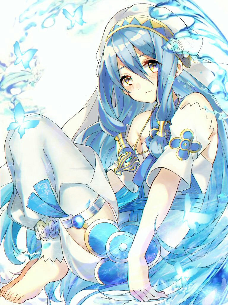 1girl aone_hiiro aqua_(fire_emblem_if) barefoot blue_hair blush dress elbow_gloves fire_emblem fire_emblem_heroes fire_emblem_if gloves hair_between_eyes hairband jewelry long_hair looking_at_viewer nintendo simple_background smile solo veil very_long_hair water yellow_eyes younger