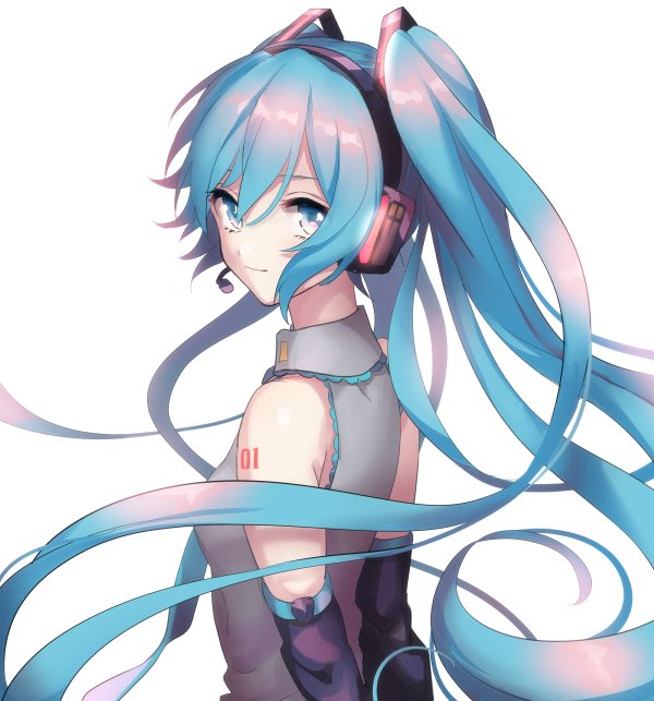 1girl akiyoshi_(tama-pete) arms_behind_back bare_shoulders blue_eyes breasts detached_sleeves floating_hair grey_shirt hatsune_miku headset light_smile long_hair looking_at_viewer looking_back number_tattoo shirt shoulder_tattoo simple_background sleeveless sleeveless_shirt small_breasts smile solo tattoo twintails upper_body very_long_hair vocaloid white_background