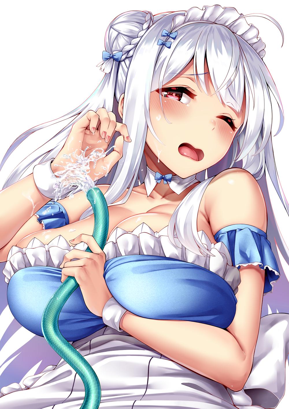 1girl 3104_(3104milkshake) ahoge alternate_costume apron azur_lane bangs bare_shoulders blush bow braid breasts choker cleavage collarbone cygnet_(azur_lane) detached_sleeves double_bun dress eyebrows_visible_through_hair frills hair_bow hair_ornament hand_up highres holding_hose hose large_breasts long_hair looking_at_viewer maid maid_headdress nail_polish one_eye_closed open_mouth pink_nails sidelocks solo strapless strapless_dress upper_body violet_eyes water wet white_hair