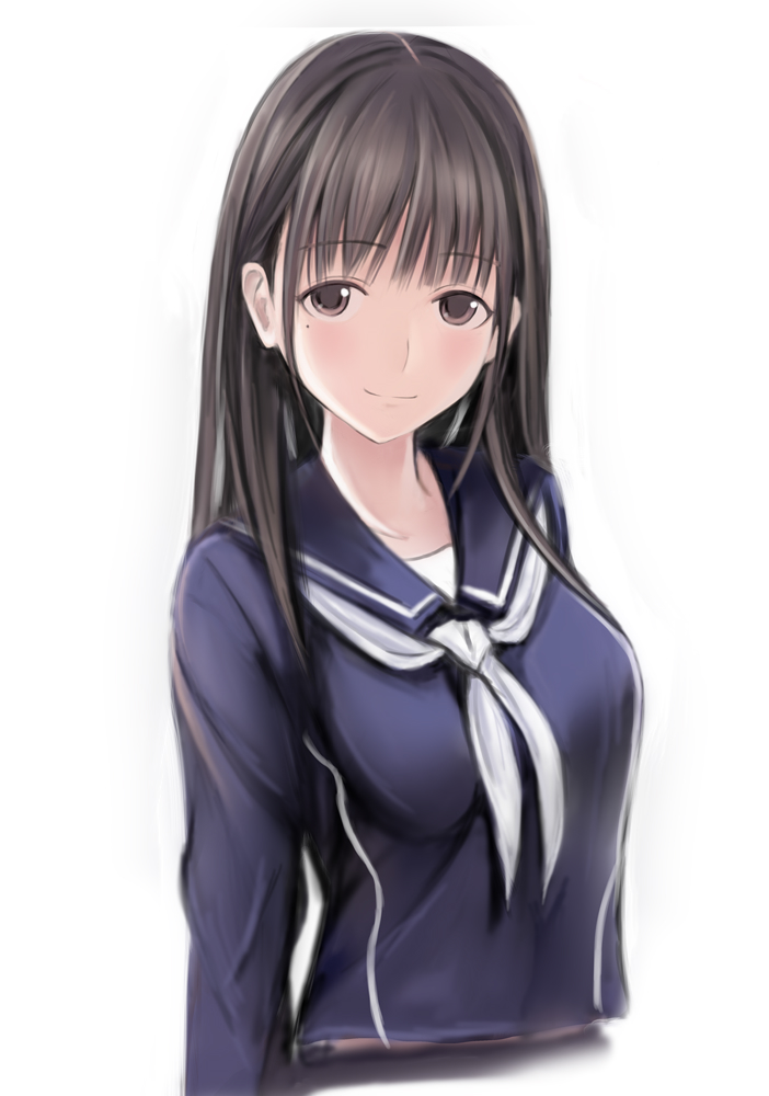 1girl anegasaki_nene bangs black_hair blue_skirt blush breasts brown_eyes collarbone eyebrows_visible_through_hair long_hair looking_at_viewer love_plus medium_breasts mole mole_under_eye nannacy7 neckerchief sailor_collar school_uniform sidelocks simple_background skirt sleeves smile upper_body white_background