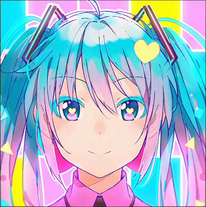 1girl black_border blue_background blue_eyes blue_hair border close-up collared_shirt eyebrows_visible_through_hair face hair_between_eyes hakusai_(tiahszld) happy hatsune_miku heart heart-shaped_pupils long_hair looking_at_viewer multicolored multicolored_background multicolored_hair pink_background pink_hair pink_shirt shirt smile solo symbol-shaped_pupils twintails two-tone_hair vocaloid yellow_background