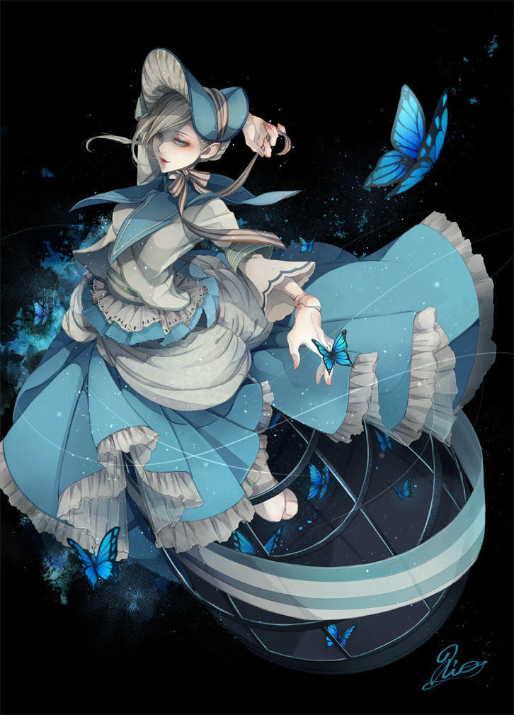 1girl anotherxalice arm_up artist_name black_background blue_butterfly blue_dress blue_eyes bonnet bug butterfly cartolaio dress eyeshadow full_body gloves grey_hair insect looking_at_viewer makeup official_art pale_skin school_uniform serafuku short_hair simple_background solo white_gloves