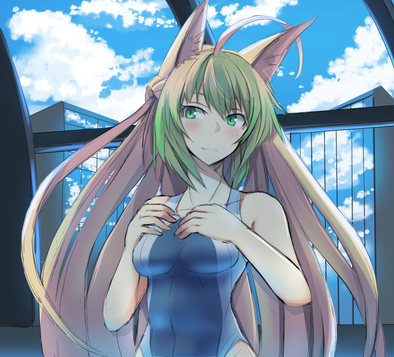 1girl ahoge animal_ears atalanta_(fate) bangs blush breasts cat_ears closed_mouth clouds collarbone day eyebrows_visible_through_hair fate/apocrypha fate/grand_order fate_(series) gradient_hair green_eyes green_hair hair_between_eyes long_hair medium_breasts multicolored_hair nahu one-piece_swimsuit outdoors sky solo swimsuit two-tone_hair