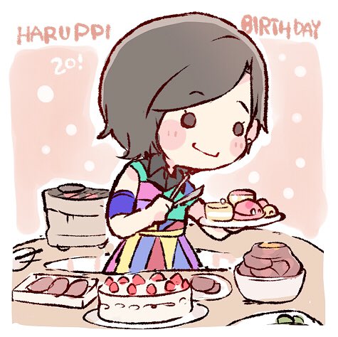 1girl armband black_eyes black_hair blush_stickers cake character_age character_name chibi collared_dress dress food grill happy_birthday hkt48 holding holding_plate kodama_haruka lowres meat multicolored multicolored_clothes multicolored_dress o_o plate real_life shichirin short_hair smile solo taneda_yuuta tongs