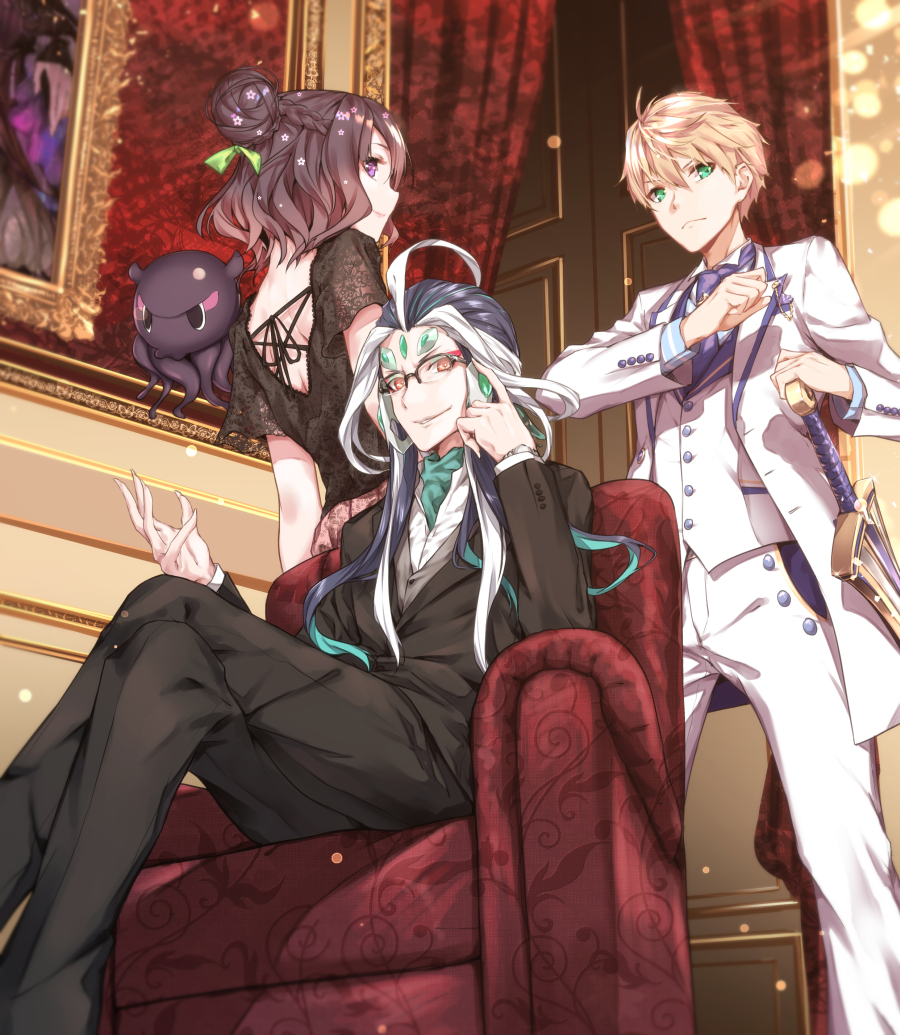 1boy 1girl 1other arthur_pendragon_(fate) blonde_hair excalibur_(fate/prototype) fate/grand_order fate_(series) forehead_jewel formal glasses green_eyes hair_bun katsushika_hokusai_(fate/grand_order) legs_crossed multicolored_hair octopus purple_hair qin_shi_huang_(fate/grand_order) red_eyes sahara386 suit tokitarou_(fate/grand_order) two-tone_hair violet_eyes white_suit