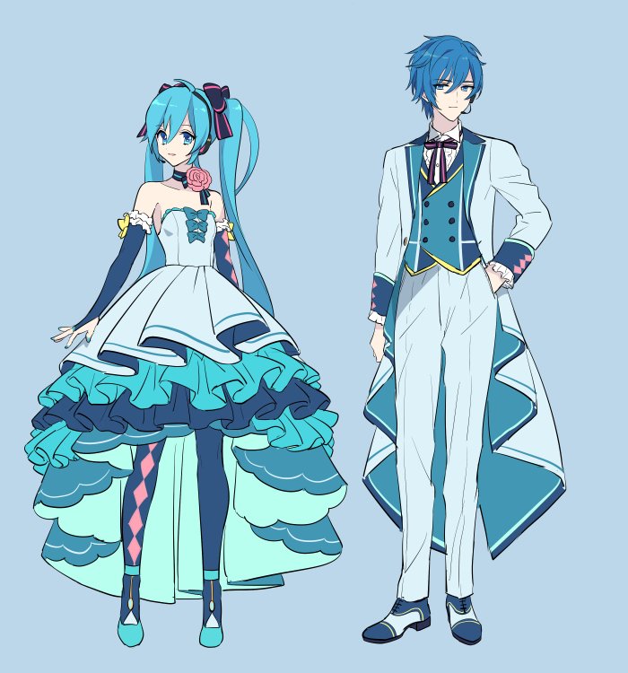 1boy 1girl akiyoshi_(tama-pete) alternate_costume argyle argyle_legwear arm_at_side arms_at_sides black_ribbon blue_background blue_dress blue_eyes blue_footwear blue_hair blue_nails blue_ribbon choker dress elbow_gloves eyebrows_visible_through_hair fingerless_gloves flower formal frilled_dress frills full_body gloves hand_in_pocket hatsune_miku headset jacket kaito long_hair nail_polish pants pantyhose parted_lips pink_flower pink_rose ribbon ribbon_hair rose short_dress simple_background smile standing strapless strapless_dress twintails very_long_hair vocaloid waiscoat