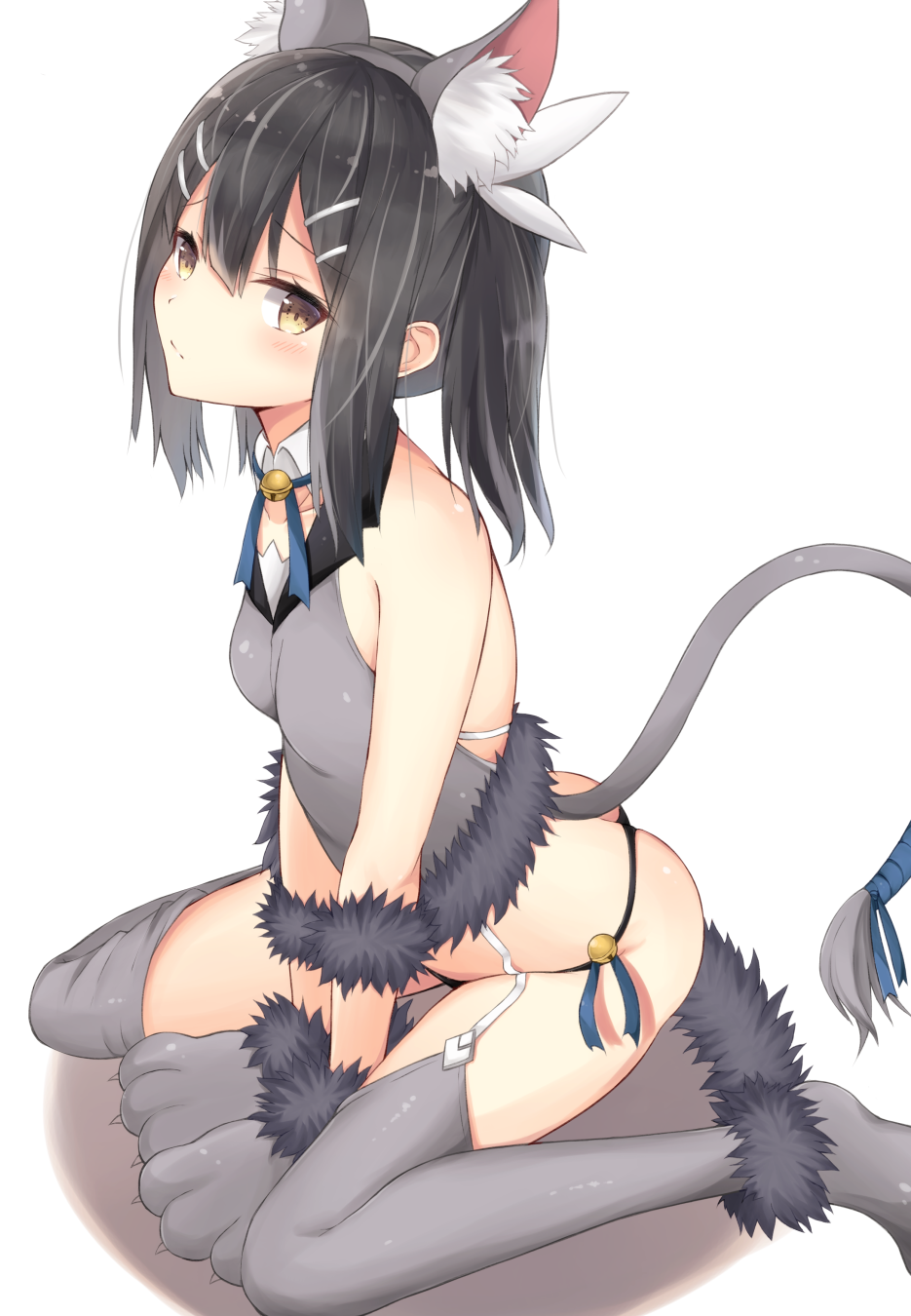 1girl animal_ears ass bangs bare_shoulders bell black_hair black_panties blush breasts brown_eyes cat_ears cat_tail closed_mouth fate/kaleid_liner_prisma_illya fate_(series) feathers fur_trim garter_straps gloves grey_gloves grey_legwear hair_feathers hair_ornament hairclip highres jingle_bell long_hair looking_at_viewer miyu_edelfelt panties paw_gloves paw_shoes paws shoes sidelocks simple_background sitting small_breasts solo tail thigh-highs thighs twintails underwear wariza white_background yuzuzukushi