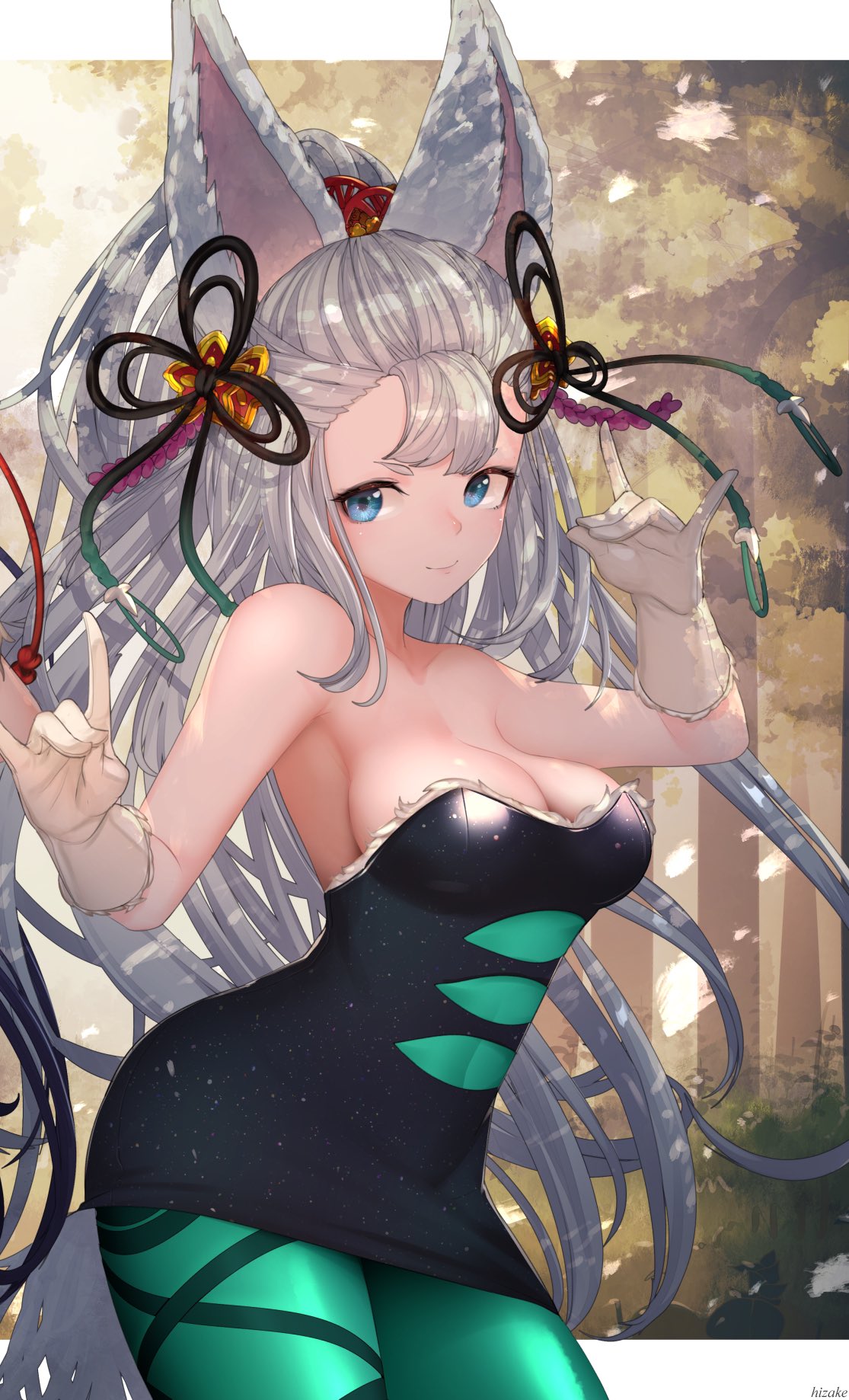 2girls animal_ears arm_up armpits artist_name asymmetrical_bangs bangs bare_shoulders blue_eyes breasts bush cleavage closed_mouth collarbone cosplay cowboy_shot dappled_sunlight day erune fox_shadow_puppet fur_trim gloves granblue_fantasy green_legwear hair_ornament hand_up high_ponytail highres hotaru_(splatoon) hotaru_(splatoon)_(cosplay) kanzashi kashu_(hizake) long_hair looking_at_viewer medium_breasts multiple_girls out_of_frame outdoors pantyhose purple_hair shiny shiny_hair short_eyebrows short_jumpsuit sidelocks silver_hair smile socie_(granblue_fantasy) solo_focus splatoon splatoon_(series) splatoon_1 standing star strapless sunlight tail tree very_long_hair white_gloves yuel_(granblue_fantasy)