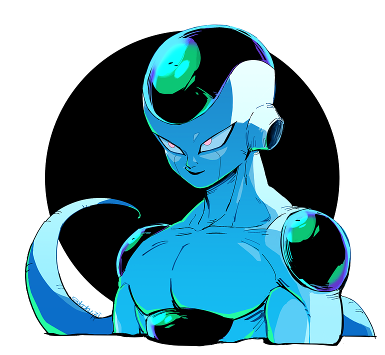 1boy arms_at_sides blue_theme circle dragon_ball dragonball_z evil_smile frieza green_theme kokusoji looking_at_viewer male_focus pink_eyes shaded_face simple_background smile tail twitter_username upper_body white_background