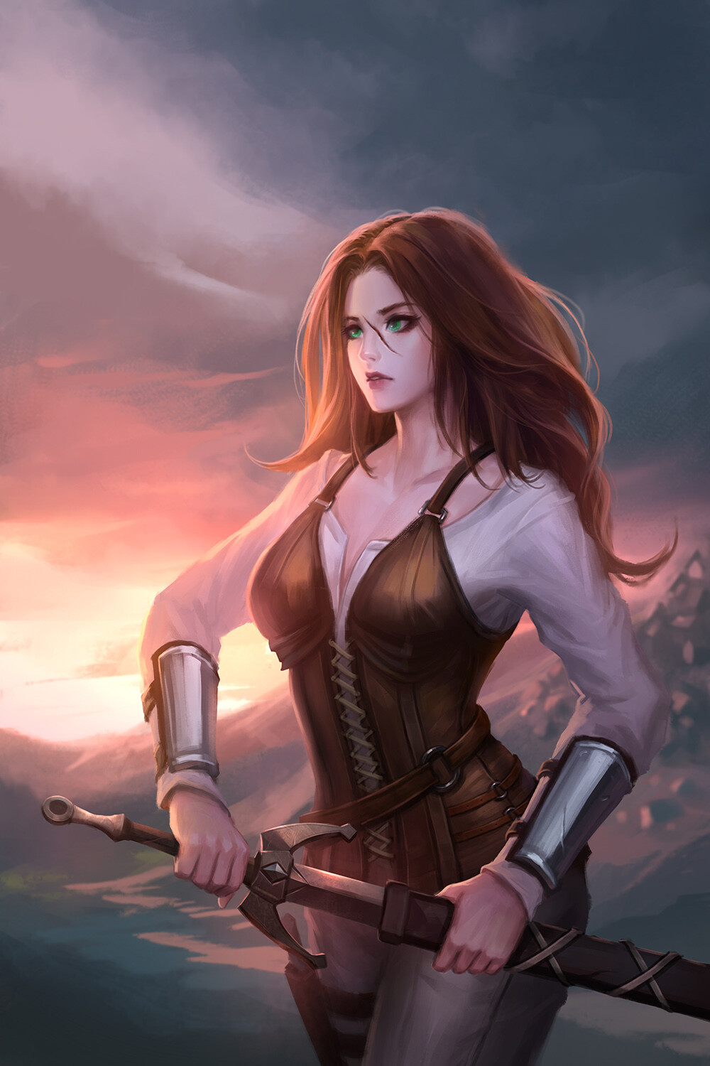 1girl cover_image drawing_sword facing_viewer green_eyes highres holster lips long_hair nguyen_uy_vu original outdoors overcast pants parted_lips redhead scar shirt solo thigh_holster walking white_shirt wrist_guards