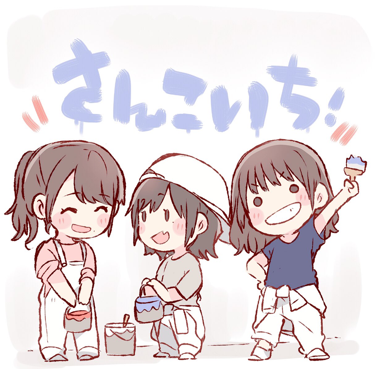 3girls :d ^_^ akb48 arm_up backwards_hat bangs baseball_cap black_hair blue_shirt blush_stickers chibi closed_eyes closed_eyes commentary_request grey_shirt grin hand_on_hip hat holding jumpsuit_around_waist katou_rena kizaki_yuria long_hair looking_at_another looking_at_viewer multiple_girls o_o ooshima_ryouka open_mouth overalls paint_can paintbrush pink_shirt real_life shirt short_hair short_sleeves sidelocks sleeves_pushed_up smile standing taneda_yuuta v-shaped_eyebrows white_overalls