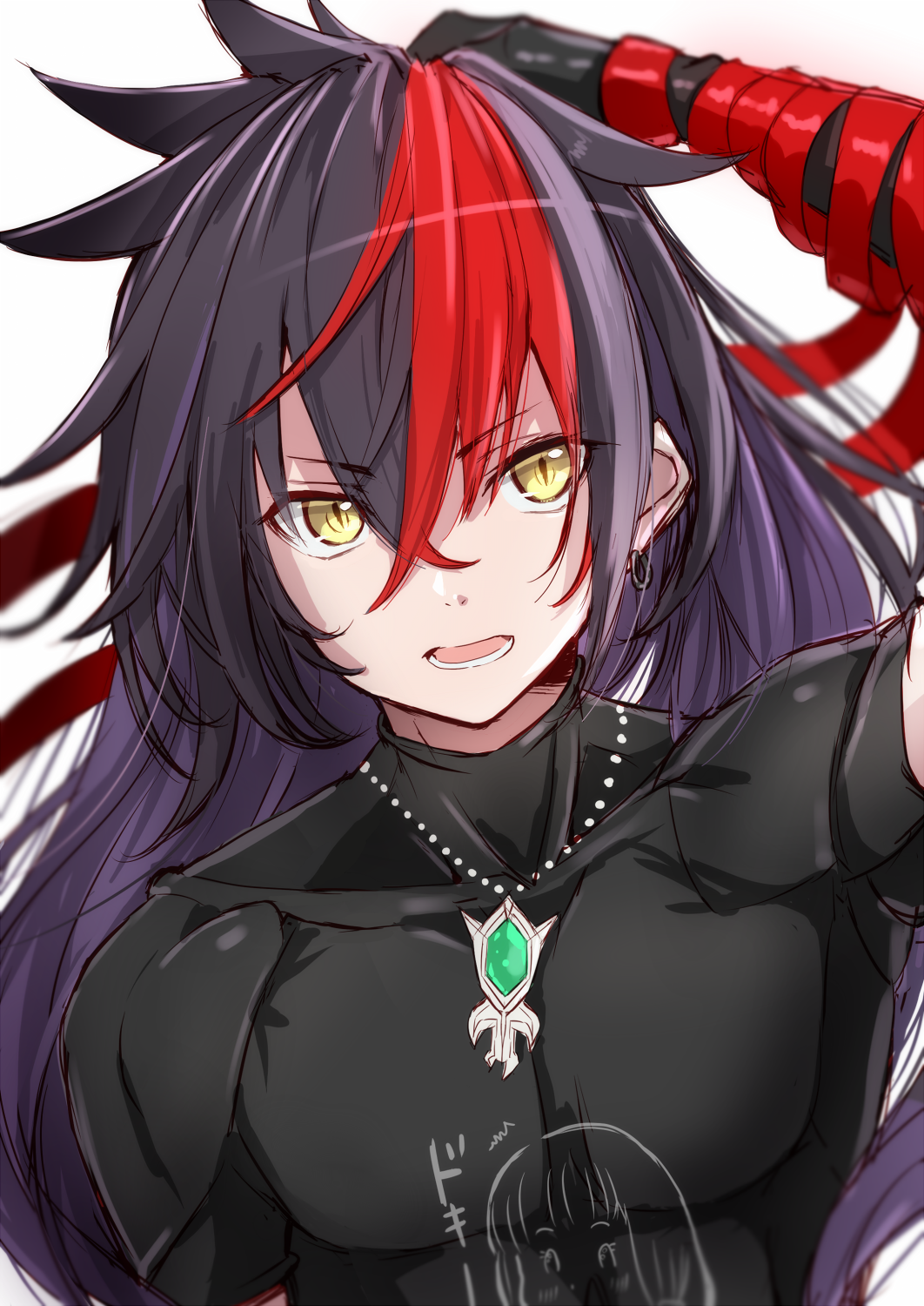 1boy bandage bandaged_arm bandages black_hair black_shirt character_request commentary_request earrings fuku_kitsune_(fuku_fox) gem hair_between_eyes hand_in_hair highres jewelry long_hair looking_at_viewer male_focus multicolored_hair necklace parted_lips redhead shironeko_project shirt simple_background solo translation_request white_background yellow_eyes