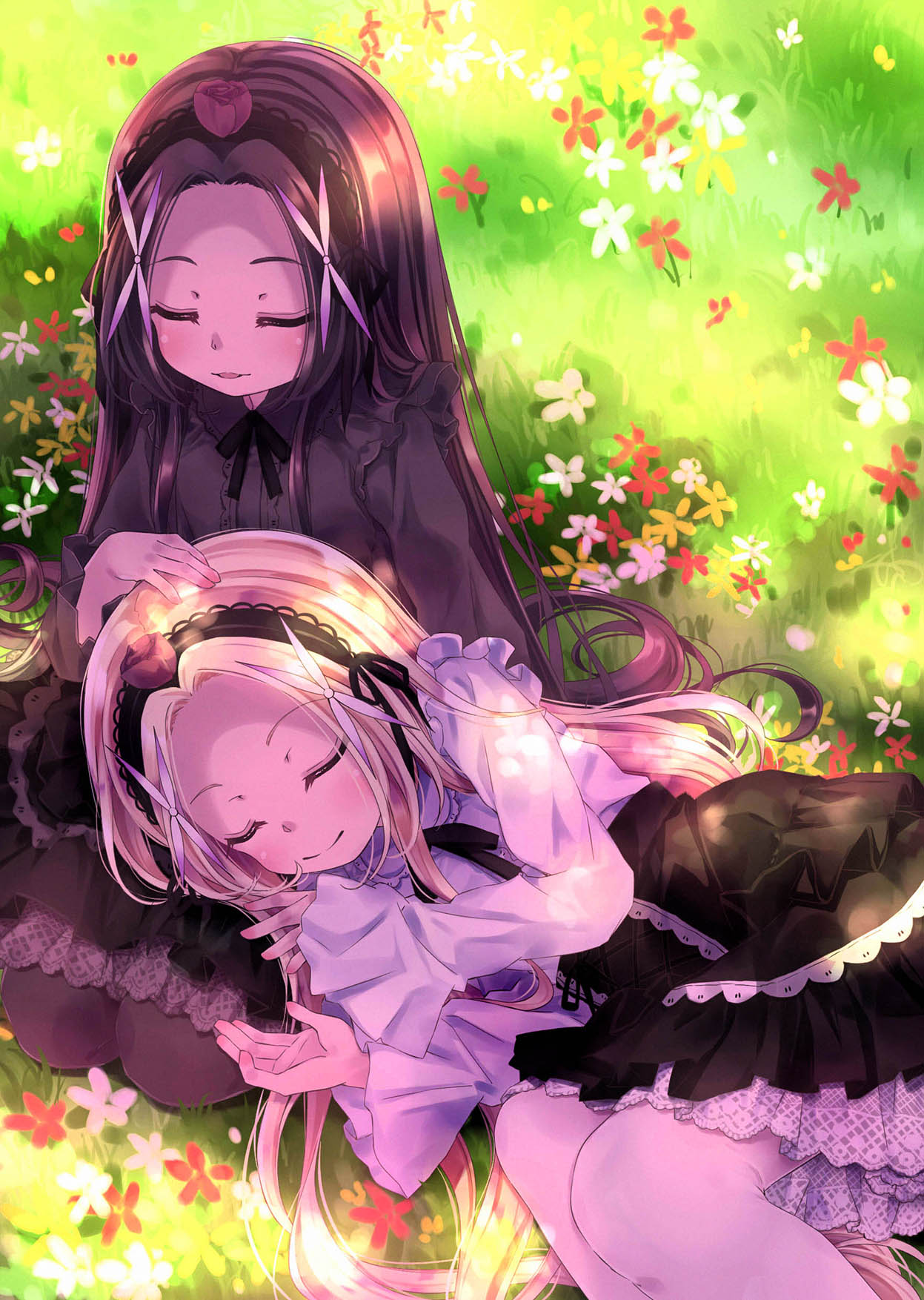 2girls 54hao bangs black_bow black_hair black_hairband black_shirt black_skirt blonde_hair blush bow brown_legwear closed_eyes closed_mouth commentary_request day flower forehead hair_ornament hairband hand_on_another's_head highres lap_pillow long_hair long_sleeves lying multiple_girls on_ground on_side original outdoors pantyhose parted_bangs parted_lips red_flower red_rose rose shirt siblings sisters skirt sleeves_past_wrists smile twins very_long_hair white_flower white_legwear white_shirt x_hair_ornament yellow_flower