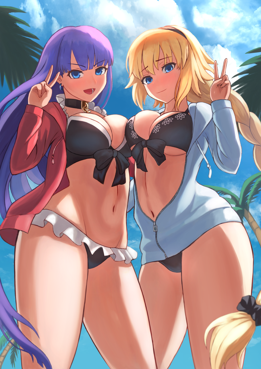 1girl 2girls bangs beach bikini black_bikini black_hairband blue_eyes blue_jacket blue_sky blunt_bangs blush braid breasts choker cleavage closed_mouth earrings fate/apocrypha fate/grand_order fate_(series) hair_between_eyes hairband hand_gesture highres hip_focus jacket jeanne_d'arc_(fate)_(all) jeanne_d'arc_(swimsuit_archer) jewelry kanki_(kibunhasaikou) large_breasts long_braid long_hair long_sleeves looking_at_viewer low-tied_long_hair multiple_girls navel open_clothes open_jacket open_mouth palm_tree purple_hair red_jacket saint_martha saint_martha_(swimsuit_ruler)_(fate) single_braid sky smile swimsuit thighs tree v very_long_hair