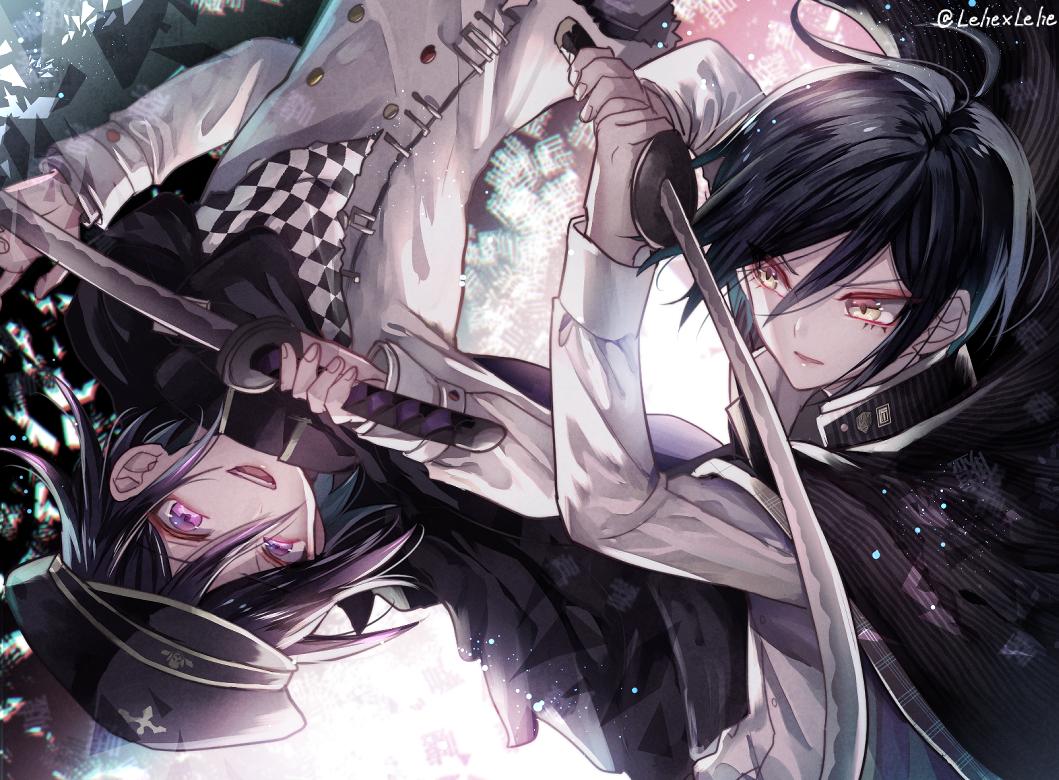 2boys @ ahoge artist_request black_hair black_headwear checkered checkered_scarf commentary_request dangan_ronpa eyelashes grin hair_between_eyes hat holding holding_sword holding_weapon jacket katana long_sleeves looking_at_another male_focus multiple_boys new_dangan_ronpa_v3 open_mouth ouma_kokichi pale_skin pink_eyes purple_hair saihara_shuuichi scarf school_uniform shirt short_hair smile straitjacket striped sword twitter_username upper_teeth weapon yellow_eyes z-epto_(chat-noir86)