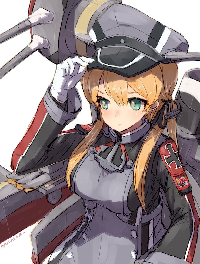 1girl alchera anchor anchor_hair_ornament aqua_eyes artist_name blonde_hair cannon expressionless gloves hair_ornament hat iron_cross kantai_collection low_twintails machinery military military_hat military_uniform peaked_cap prinz_eugen_(kantai_collection) simple_background solo turret twintails uniform upper_body white_background white_gloves