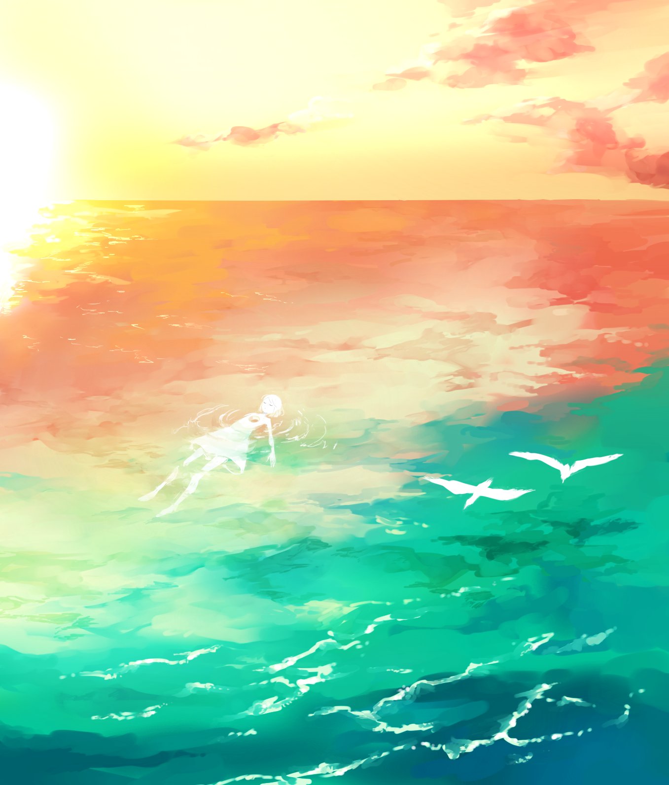 1girl closed_eyes clouds cloudy_sky dress floating highres hole hole_in_chest hole_on_body kamura_gimi original outdoors ripples short_hair sky solo sun twilight water waves white_bird white_dress wide_shot yellow_sky