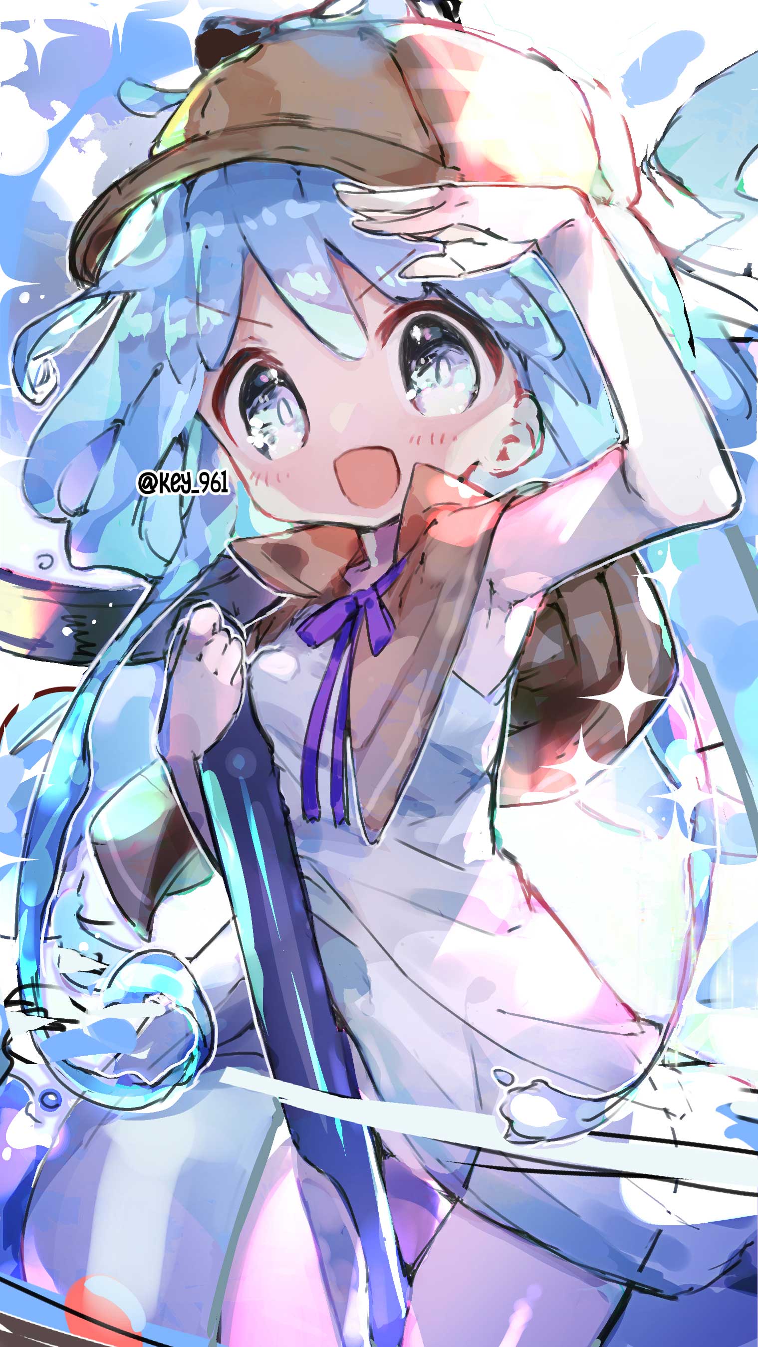 1girl absurdres arm_up armpits between_legs blue_eyes blue_hair blue_slime blush detective hat highres holding key_961 liquid_hair long_hair magnifying_glass merc_(merc_storia) merc_storia minigirl monster_girl open_mouth salute see-through_silhouette slime_girl