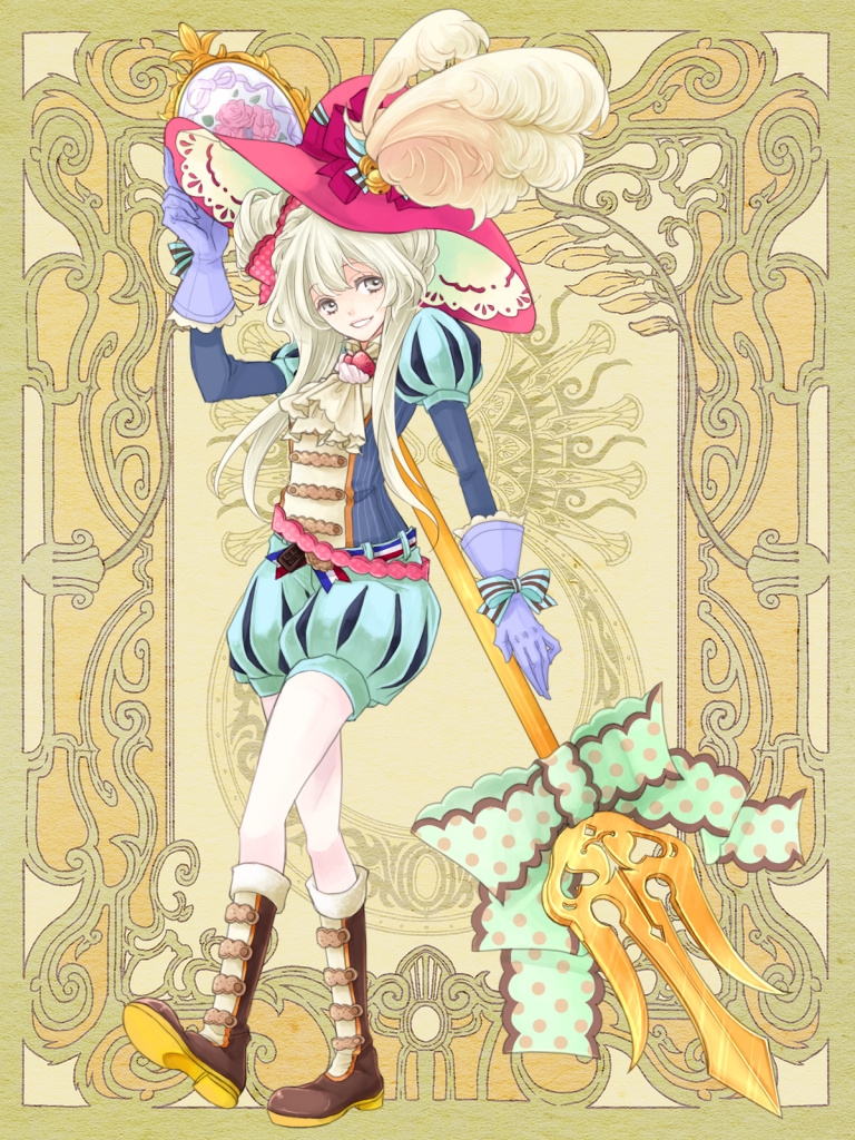 1girl ascot bell feathers fork full_body gloves grey_hair happy hat holding holding_weapon looking_at_viewer oversized_object puffy_shorts puffy_sleeves shoes shorts solo source_request standing suzuki_akiko weapon