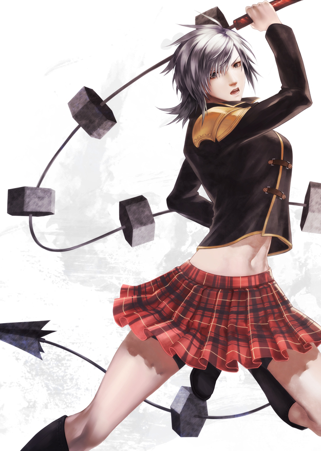 1girl akademeia_uniform black_legwear blue_eyes breasts cape fighting_stance final_fantasy final_fantasy_type-0 grey_hair holding holding_weapon jacket long_hair long_sleeves looking_at_viewer medium_breasts midriff navel open_mouth plaid plaid_skirt pleated_skirt school_uniform seven_(fft-0) short_hair silver_hair simple_background skirt solo stomach uniform weapon whip white_background