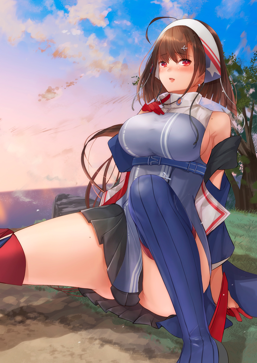 1girl ahoge american_flag american_flag_print asymmetrical_legwear azur_lane black_skirt blue_legwear blush boots breasts brown_hair cliff clouds cloudy_sky coat day eyebrows_visible_through_hair flag_print gloves grass hairband hand_on_own_chest high_collar highres independence_(azur_lane) kelly_0w0 large_breasts lips long_hair looking_at_viewer miniskirt mole_on_shoulder mole_on_thigh ocean off_shoulder parted_lips pleated_skirt red_eyes red_gloves ribbed_legwear sideboob sitting skirt sky sleeveless solo tareme taut_clothes thigh-highs thigh_boots thighs tree