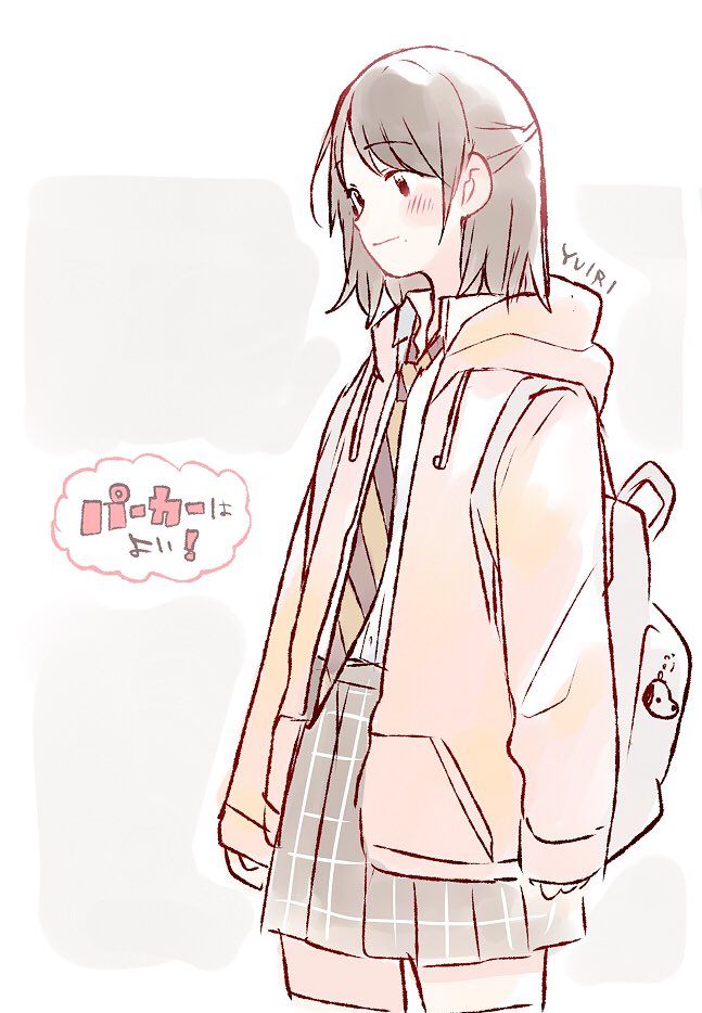 1girl akb48 arms_at_sides backpack bag bag_charm bangs black_hair black_skirt blush character_name charm_(object) collared_shirt commentary_request cowboy_shot hood hood_down hooded_jacket jacket light_smile long_hair long_sleeves mole mole_under_mouth murayama_yuiri necktie orange_jacket pale_color real_life shirt skirt solo striped striped_neckwear taneda_yuuta translation_request white_shirt