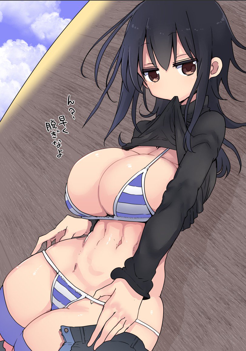 1girl abs bangs bikini bikini_under_clothes black_hair blue_sky breasts brown_eyes check_character cleavage clouds cloudy_sky commentary_request cool-kyou_shinja day expressionless half-closed_eyes hand_in_bikini horizontal_stripes jitome komori-san_wa_kotowarenai! long_fingers long_hair long_sleeves looking_at_viewer lowleg lowleg_bikini mouth_hold narrow_waist navel negishi_masako outdoors raised_eyebrows sketch_eyebrows sky solo striped striped_bikini swimsuit translation_request undressing