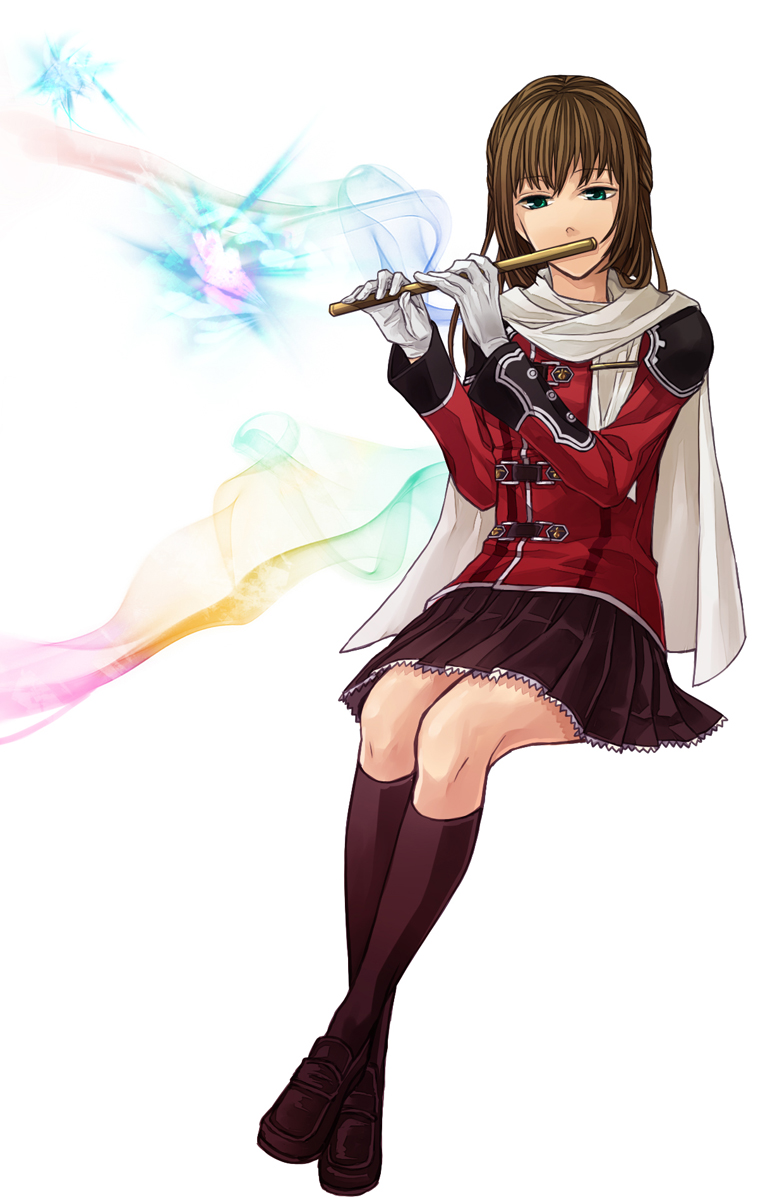 1girl akademeia_uniform aqua_eyes bangs brown_hair cape deuce_(fft-0) female final_fantasy final_fantasy_type-0 flute full_body gloves highres holding holding_instrument instrument jacket kneehighs loafers long_hair long_sleeves playing_flute playing_instrument pleated_skirt school_uniform shoes simple_background sitting skirt socks solo thigh-highs uniform white_gloves