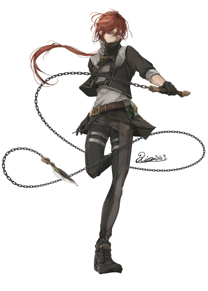 1boy androgynous anotherxalice artist_name belt belt_pouch black_footwear black_gloves black_pants brown_eyes cartolaio dated full_body gloves long_hair male_focus official_art pants ponytail pouch redhead shoes signature simple_background solo standing standing_on_one_leg thigh_strap whip white_background