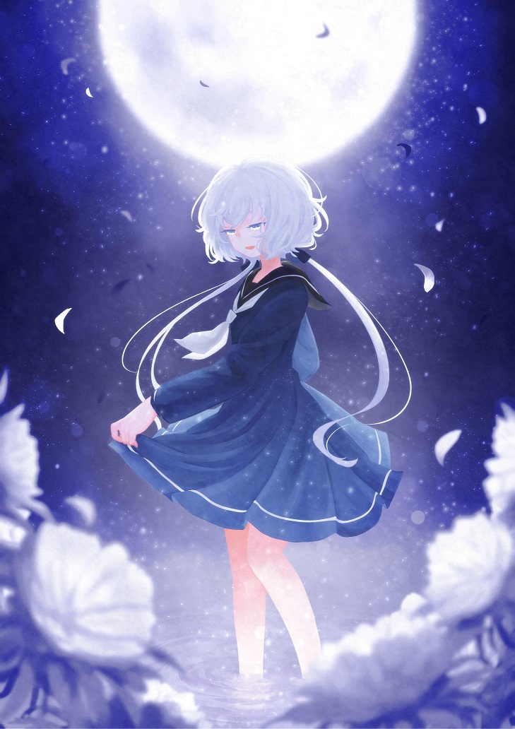 1girl black_sailor_collar blue_dress blurry_foreground dress floating_hair flower full_moon konno_junko long_hair low_twintails moon night outdoors petals pleated_dress pontako_(endless-summer-vac-book) sailor_collar sailor_dress short_dress silver_hair skirt_hold soaking_feet solo standing twintails very_long_hair white_flower white_neckwear zombie_land_saga