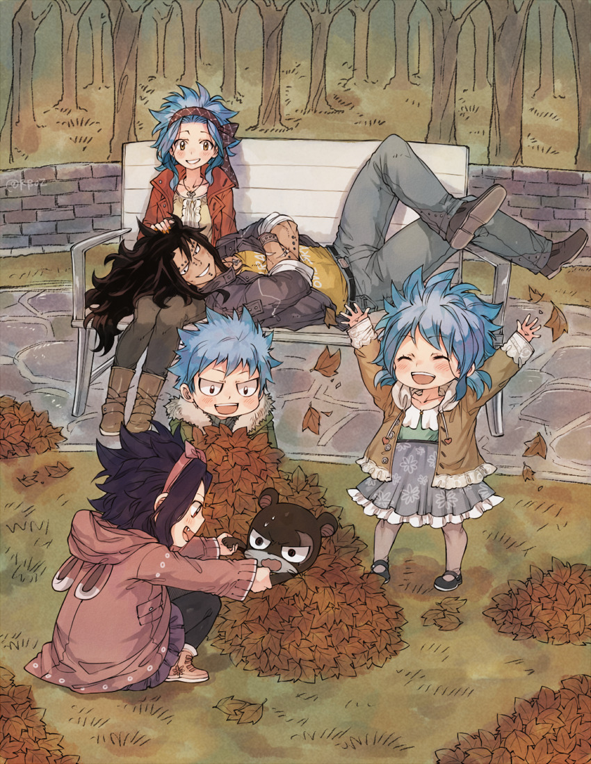 :d arm_piercing arms_up autumn_leaves bench black_hair black_legwear blue_hair blush boots brown_eyes brown_footwear brown_headband chin_piercing closed_eyes coat collarbone day dress fairy_tail full_body gajeel_redfox grey_dress grey_jacket grey_pants hand_holding hand_on_another's_head if_they_mated jacket jewelry legs_crossed levy_mcgarden long_sleeves lying necklace nose_piercing on_back open_clothes open_coat open_jacket open_mouth outdoors pantherlily pants parent_and_child piercing pleated_skirt print_dress purple_skirt red_coat rusky shirt short_dress short_hair skirt smile squatting yellow_shirt