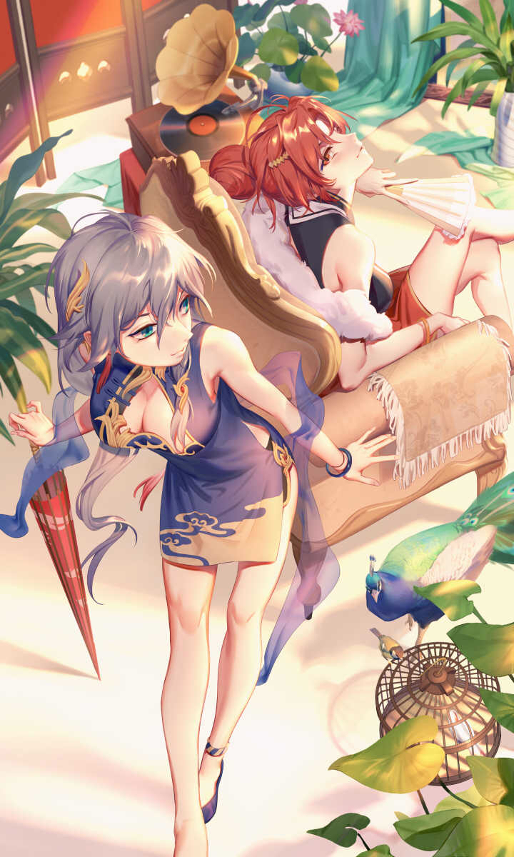 2girls armchair bare_legs bare_shoulders bird birdcage blue_eyes breasts cage chair cleavage closed_umbrella commentary_request day dubian_xiang fan from_above fu_hua hair_between_eyes hair_ornament hairclip highres holding holding_fan holding_umbrella honkai_(series) honkai_impact_3 indoors jpeg_artifacts legs_crossed long_hair medium_breasts multiple_girls murata_himeko oriental_umbrella peacock phonograph plant redhead side_slit sitting smile umbrella very_long_hair yellow_eyes