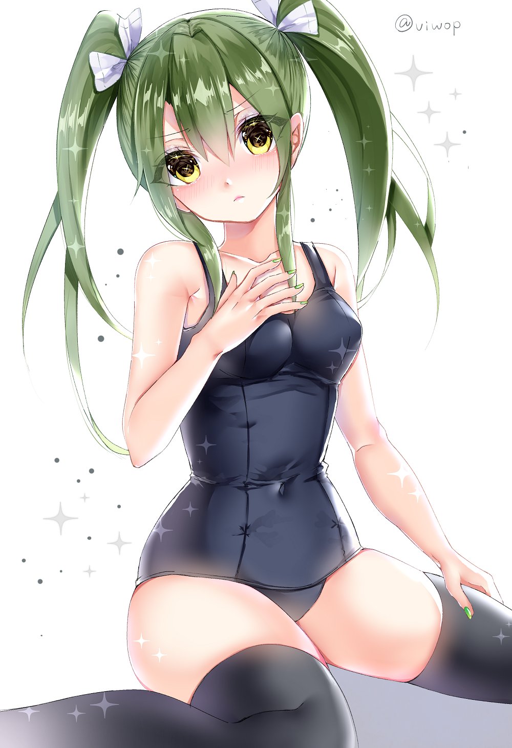 1girl bare_shoulders black_legwear breasts eyebrows_visible_through_hair eyes_visible_through_hair green_hair hair_between_eyes hand_on_own_chest highres kantai_collection looking_at_viewer one-piece_swimsuit ribbon school_swimsuit simple_background sitting small_breasts solo swimsuit thigh-highs twintails viwop wariza white_background white_ribbon yellow_eyes zuikaku_(kantai_collection)