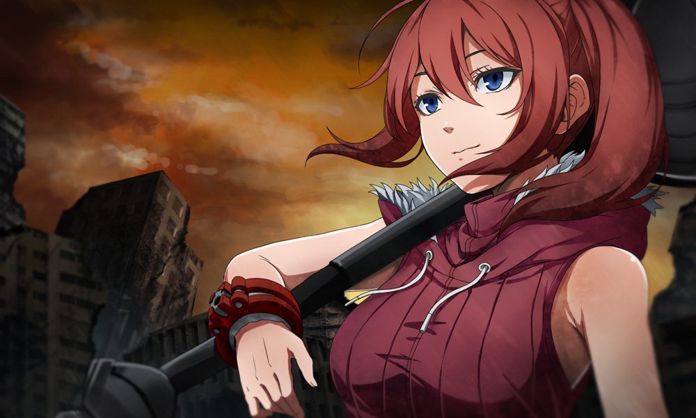 1girl blue_eyes breasts brown_hair closed_mouth copyright_request drawstring eyebrows fur_trim holding holding_weapon hood hoodie large_breasts looking_away nyifu short_ponytail side_ponytail sleeveless smile solo upper_body weapon