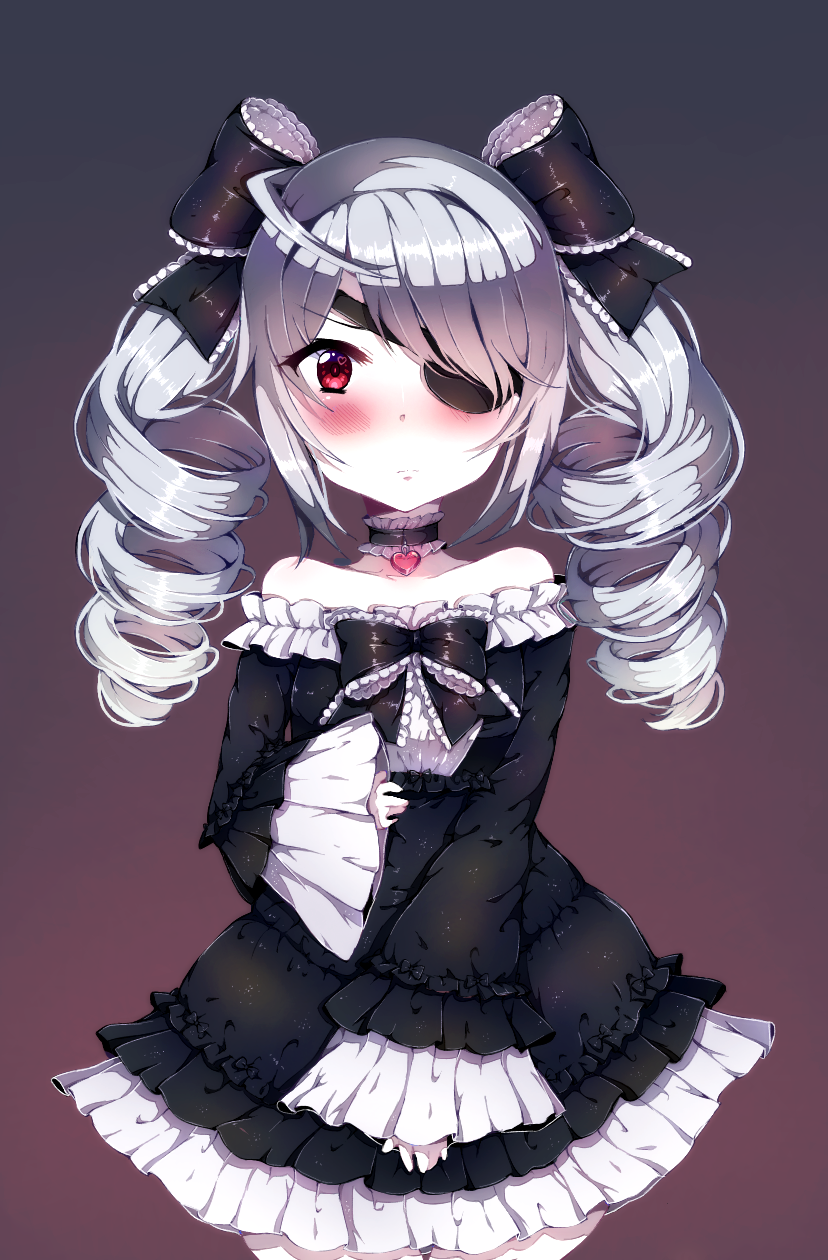 1girl bad_hands bare_shoulders blush bow drawfag drill_hair eyepatch gothic_lolita grey_hair highres infinite_stratos laura_bodewig lolita_fashion looking_at_viewer red_eyes simple_background twin_drills