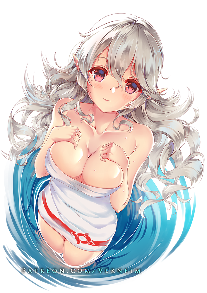 1girl breasts cleavage closed_mouth female_my_unit_(fire_emblem_if) fire_emblem fire_emblem_if long_hair medium_breasts my_unit_(fire_emblem_if) naked_towel nintendo pointy_ears red_eyes solo towel vekneim wading water watermark web_address white_hair