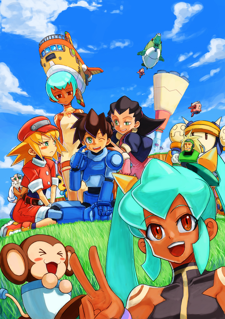 &gt;:( 3boys 4girls :d ;d aosa_(momikin) aqua_hair bare_shoulders barrel_caskett bike_shorts bike_shorts_under_shorts black_hair blonde_hair blush bon_bonne breasts brown_gloves brown_hair cabbie_hat capcom closed_mouth clouds commentary_request dark_skin data_(rockman_dash) earrings eyebrows_visible_through_hair eyes_visible_through_hair flutter full_body gloves grass green_eyes hair_pulled_back hair_slicked_back hairband hand_up happy harem hat jealous jewelry kobun long_hair looking_at_another looking_at_viewer monkey multiple_boys multiple_girls neck nib_pen_(medium) one_eye_closed open_mouth orange_eyes outdoors pink_hairband red_eyes red_headwear red_shorts robot rock_volnutt rockman rockman_dash roll_caskett round_teeth sera_(rockman_dash) short_hair shorts sitting sky sleeveless sleeveless_turtleneck smile standing sweatdrop teeth teisel_bonne thigh-highs traditional_media tron_bonne turtleneck twintails upper_body upper_teeth v wariza wince yuna_(rockman_dash)