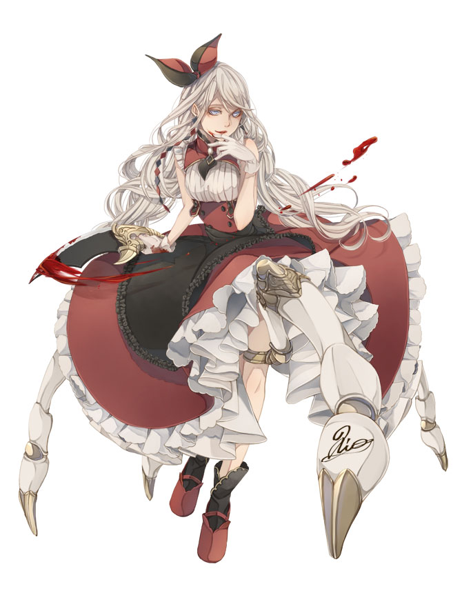 1girl anotherxalice blade blood bloody_weapon bow cartolaio dress full_body gloves grey_eyes hair_bow holding holding_weapon long_hair looking_at_viewer mechanical_legs official_art red_bow red_dress red_footwear signature solo standing thighlet very_long_hair weapon white_background white_gloves white_hair