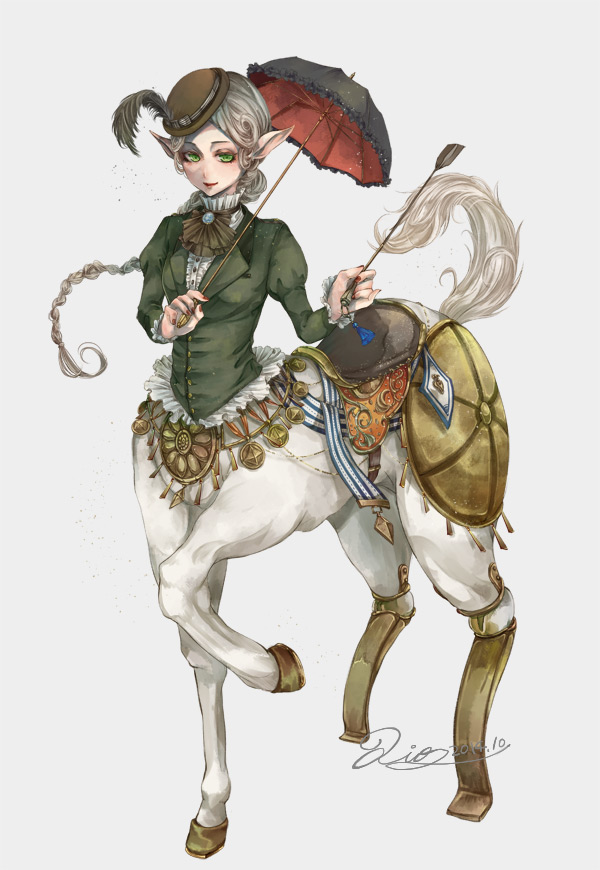 1girl amputee anotherxalice black_umbrella braid brown_headwear brown_neckwear cartolaio centaur dated full_body green_eyes green_shirt hat hat_feather long_hair long_sleeves looking_at_viewer monster_girl nail_polish official_art parasol pointy_ears prosthesis prosthetic_leg puffy_long_sleeves puffy_sleeves red_nails riding_crop saddle shirt signature simple_background solo standing tilted_headwear umbrella
