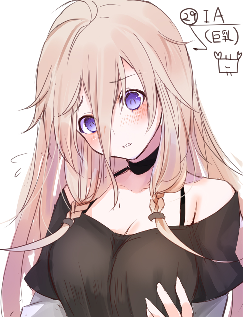 1girl alternate_breast_size bangs bare_shoulders black_choker black_shirt blush braid breasts brown_hair choker cleavage collarbone eyebrows_visible_through_hair flying_sweatdrops hair_between_eyes head_tilt ia_(vocaloid) long_hair medium_breasts off-shoulder_shirt off_shoulder shirt simple_background solo twin_braids very_long_hair violet_eyes vocaloid white_background yuuki_kira