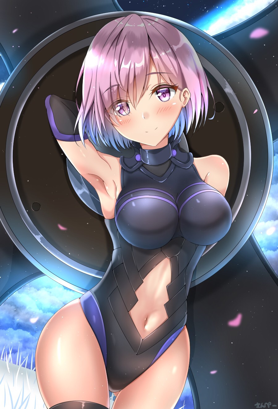 1girl arm_behind_back arm_behind_head armor armored_dress armpits bare_shoulders black_dress black_legwear blush breasts commentary_request cutout detached_sleeves dress eyebrows_visible_through_hair eyes_visible_through_hair fate/grand_order fate_(series) hair_over_one_eye highres large_breasts lavender_hair looking_at_viewer mash_kyrielight navel outdoors purple_hair shield short_hair sky sleeveless smile solo sunsun2812 thigh-highs translation_request violet_eyes