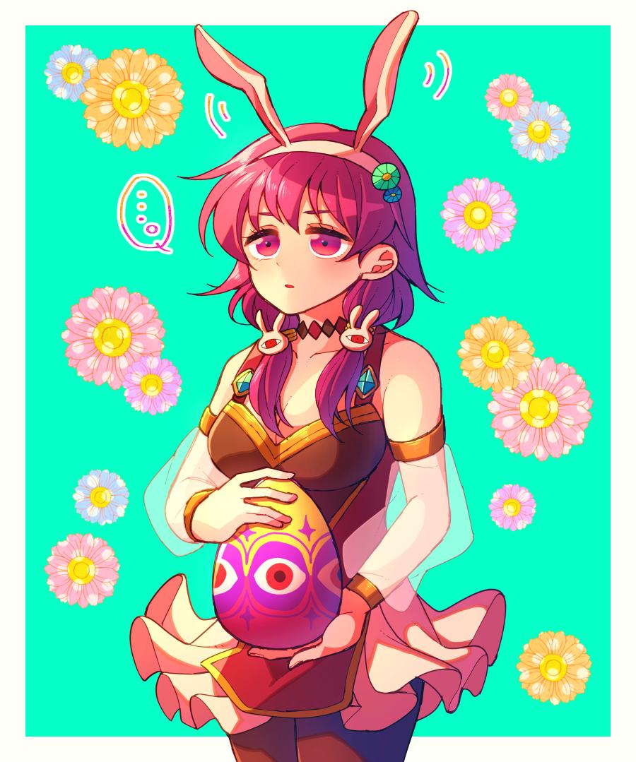 ... 1girl adapted_costume alternate_costume animal_ears aqua_background armlet black_legwear bracelet breasts bunny_hair_ornament cleavage cowboy_shot dress easter easter_egg egg fire_emblem fire_emblem:_seima_no_kouseki fire_emblem_heroes floral_background frilled_dress frills hair_ornament hairband hzk_(ice17moon) jewelry lute_(fire_emblem) medium_breasts nintendo pantyhose parted_lips purple_hair rabbit_ears see-through short_dress short_hair sidelocks simple_background sleeveless sleeveless_dress solo spoken_ellipsis violet_eyes