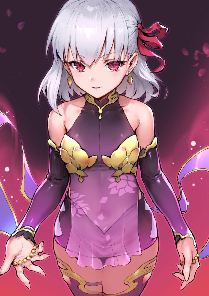 1girl bare_shoulders breasts collarbone commentary_request cowboy_shot detached_sleeves dress eyebrows_visible_through_hair fate/grand_order fate_(series) from_above hair_ornament hair_ribbon haoni highres kama_(fate/grand_order) looking_at_viewer medium_breasts purple_dress purple_sleeves red_eyes red_ribbon ribbon short_dress short_hair sleeveless sleeveless_dress smile solo white_hair