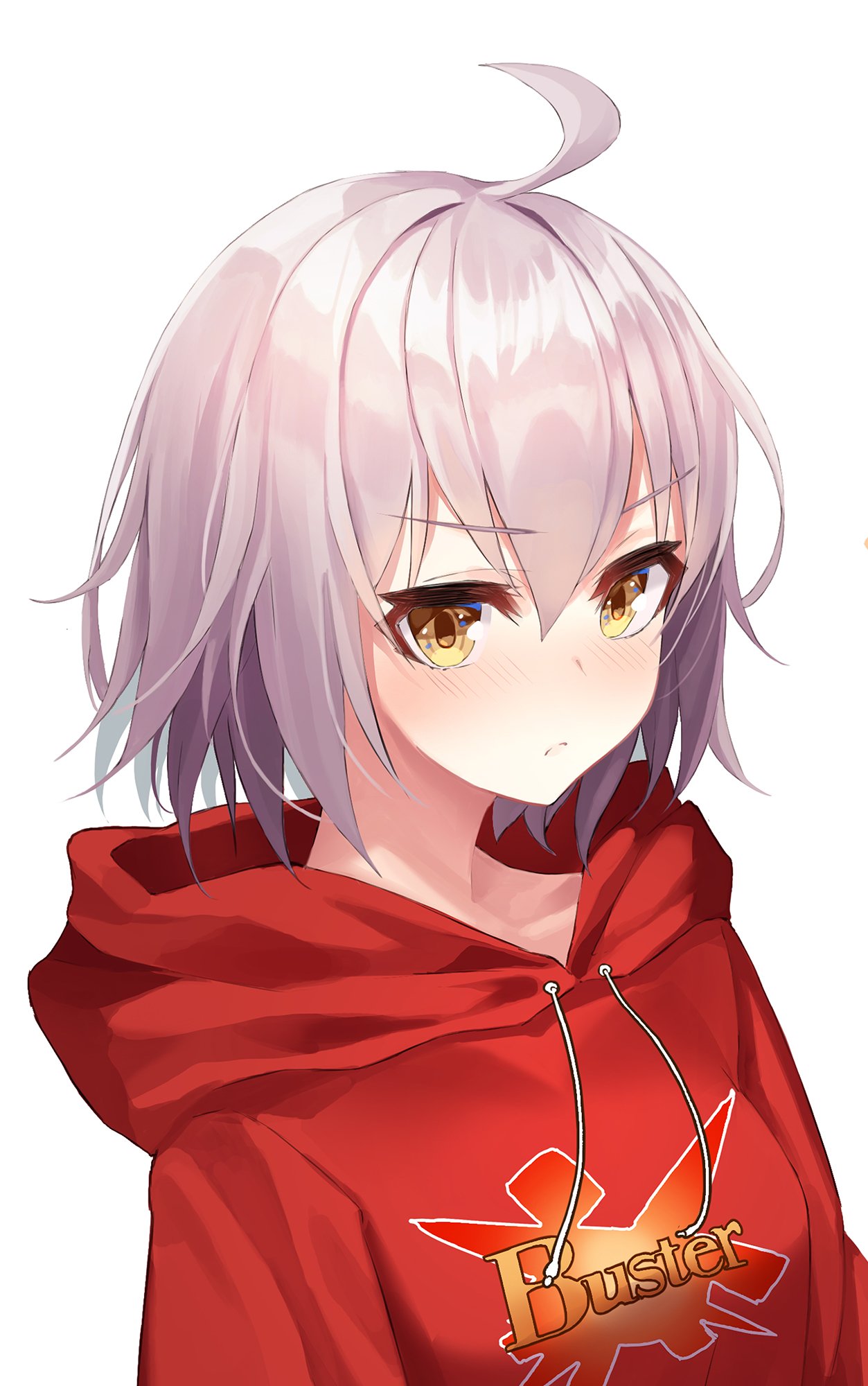 1girl ahoge blush eyebrows_visible_through_hair face fate/grand_order fate_(series) frown hair_between_eyes highres hood hoodie jeanne_d'arc_(alter)_(fate) jeanne_d'arc_(fate)_(all) looking_at_viewer minin982 red_hoodie short_hair silver_hair simple_background solo white_background white_hair yellow_eyes
