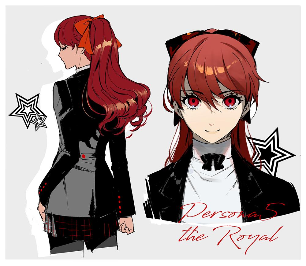 1girl black_jacket blazer bow brown_eyes closed_mouth hair_bow jacket long_hair looking_at_viewer persona persona_5 persona_5_the_royal ponytail poti red_bow redhead shuujin_academy_uniform simple_background smile solo twitter_username upper_body