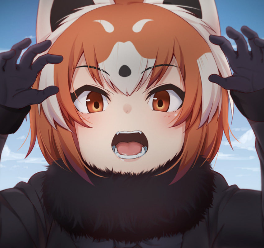 1girl animal_ears black_gloves blush brown_eyes day eyebrows_visible_through_hair fangs fur_collar gloves kemono_friends lesser_panda_(kemono_friends) long_sleeves looking_at_viewer multicolored_hair nyifu one_eye_closed open_mouth orange_hair red_panda_ears short_hair solo teeth tongue upper_body white_hair